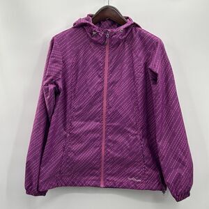 Eddie Bauer Packable Hooded Windbreaker Women’s L Purple‎ Geometric Print Jacket